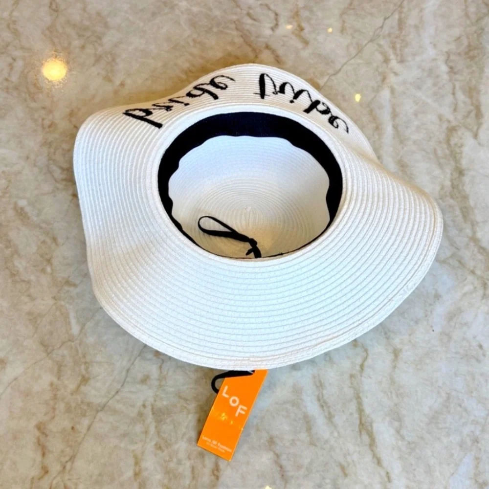 Bride Tribe‎ Woven Sun Hat; Black/White; Black Ribbon; Adjustable; NWT